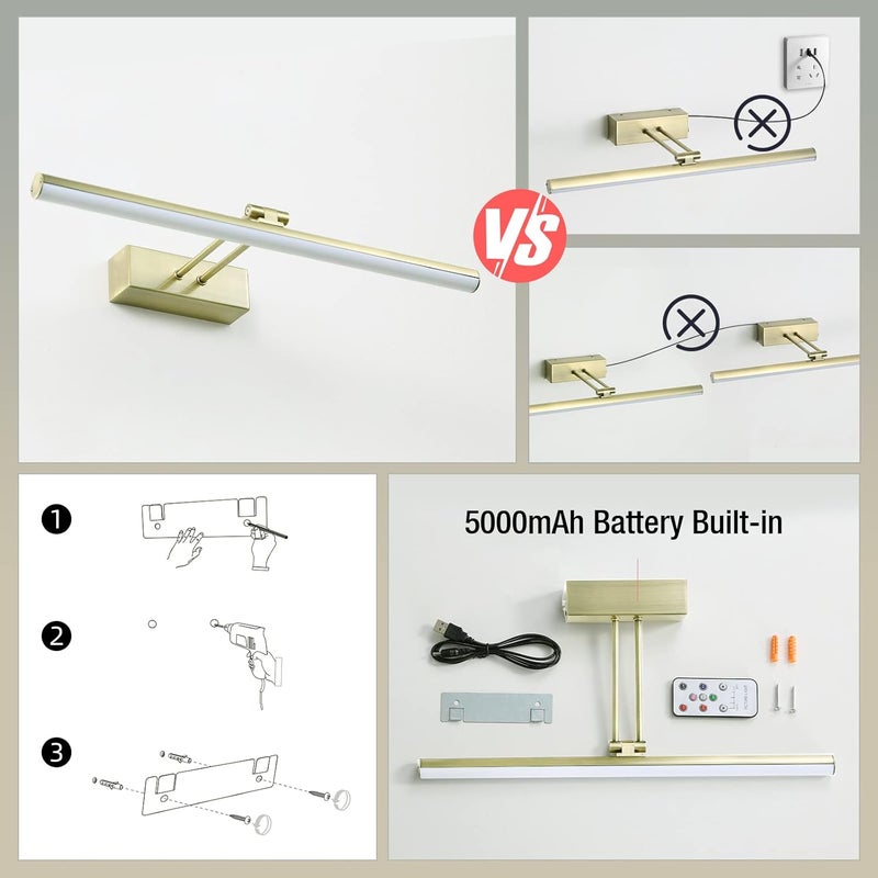 HOWMZON Picture Light,Battery Operated Picture Light with Remote, 16" Metal Art Light for Paintings,Rechargeable Display Lighting of Wall,Portrait,Gallery,Artwork(Antique Brass) - Image 5